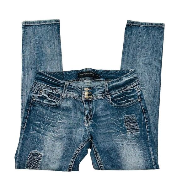 Twentyone Black by Rue 21 Med Wash Distressed Curvy Low Rise Skinny Jeans - 11 - Picture 2 of 14